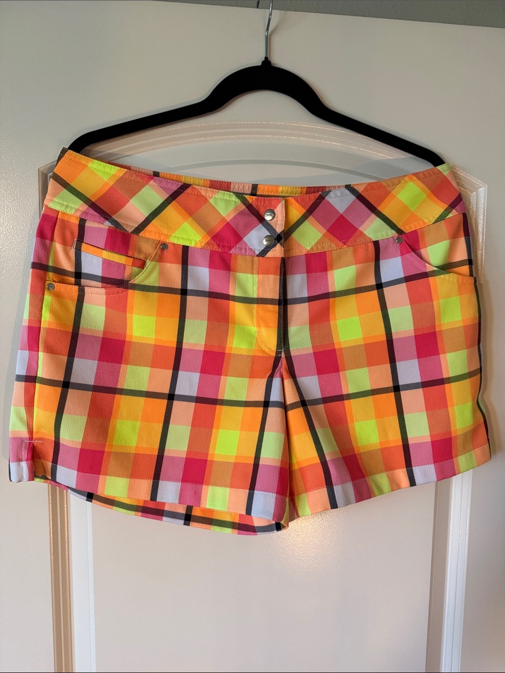 Slazenger Neon Plaid Golf Shorts - Yellow, Pink, Orange